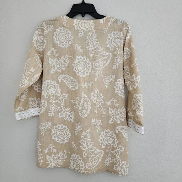 Womens Krazy Kat Lace V Neck Boho Floral Tunic Tan M White Cotton - Picture 2 of 16